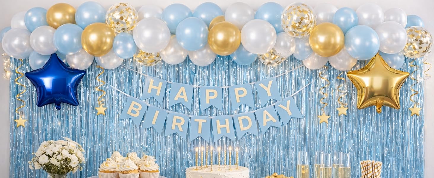 Blue and gold birthday balloon kit with star balloons and fringe backdrop