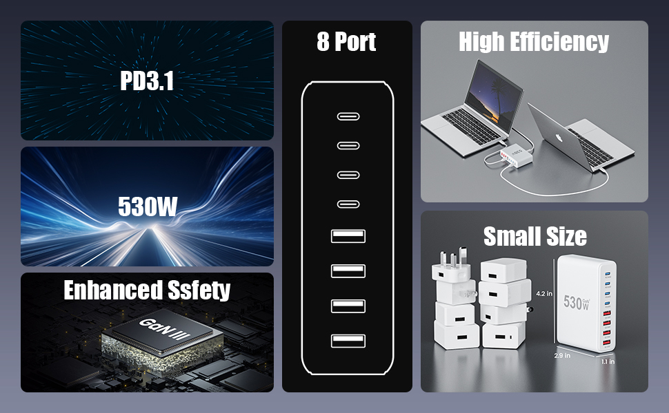 USB C Charger Block,USB C Charging Station GaN IV Travel Essentials Multiple Port Charging Station