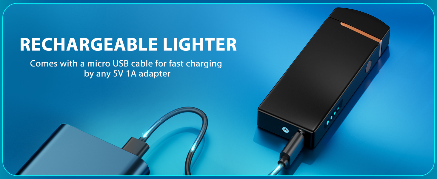 Rechargeable lighter with micro USB charging cable. Black device on blue background, text indicates fast charging with any 5V 1A adapter.
