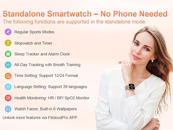 Text reads 'Standalone Smartwatch – No Phone Needed' 'The following functions are supported in the standalone mode' with colored icons for Regular Sports Modes, Stopwatch and Timer, Sleep Tracker and Alarm Clock, All-Day Tracking with Breath Training, Time Setting Support 1224 Format, Language Setting Support 26 languages, Health Monitoring HR/BP/SpO2 Monitor, Watch Face. Woman wearing smartwatch.