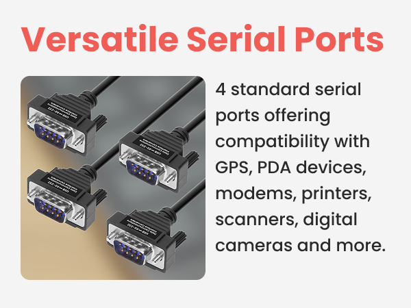 Versatile Serial Ports showing 4 DB9 RS232 cables for printers and scanners via USB