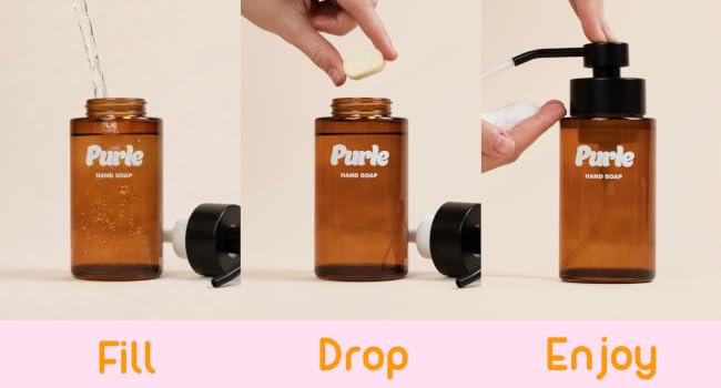 how to use Purle hand soap tablets: add water, drop tablet, dissolve, and pump foaming soap