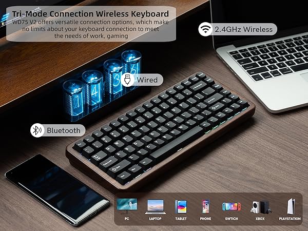 75% Mechanical Keyboard Wireless with QMK/VIA, WD75 V2 Wood Gaming Keyboard