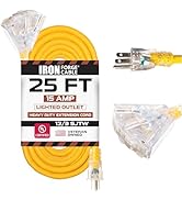IRON FORGE CABLE 25 Foot Lighted Outdoor Extension Cord with 3 Electrical Power Outlets - 12/3 SJ...