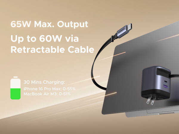 65W Max.Output Up to 60W via Retractable Cable