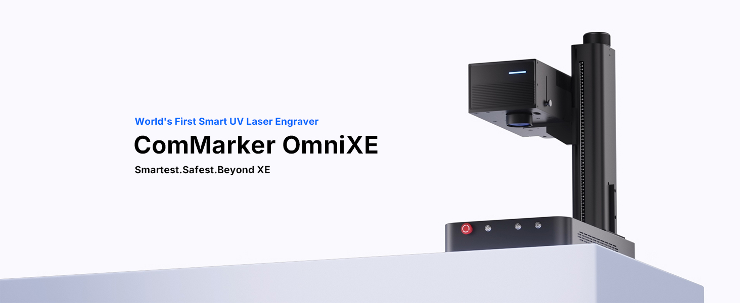 Text reads 'ComMarker OmniXE'. Professional mounting or marking system shown with technical specifications and multiple components.