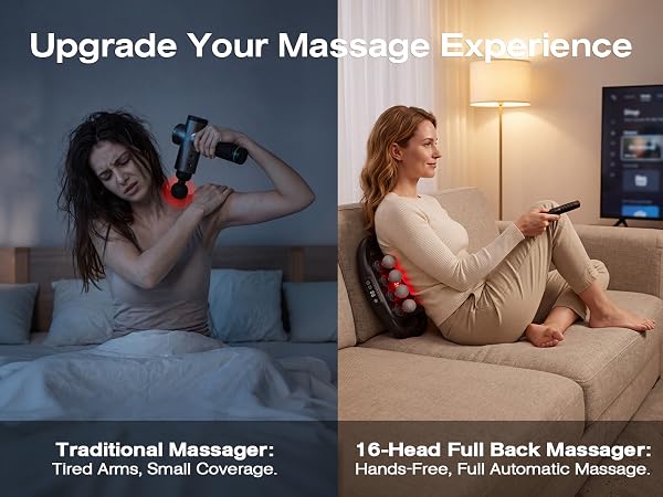 Split image compares handheld massage gun use with a hands-free 16-head back massager.