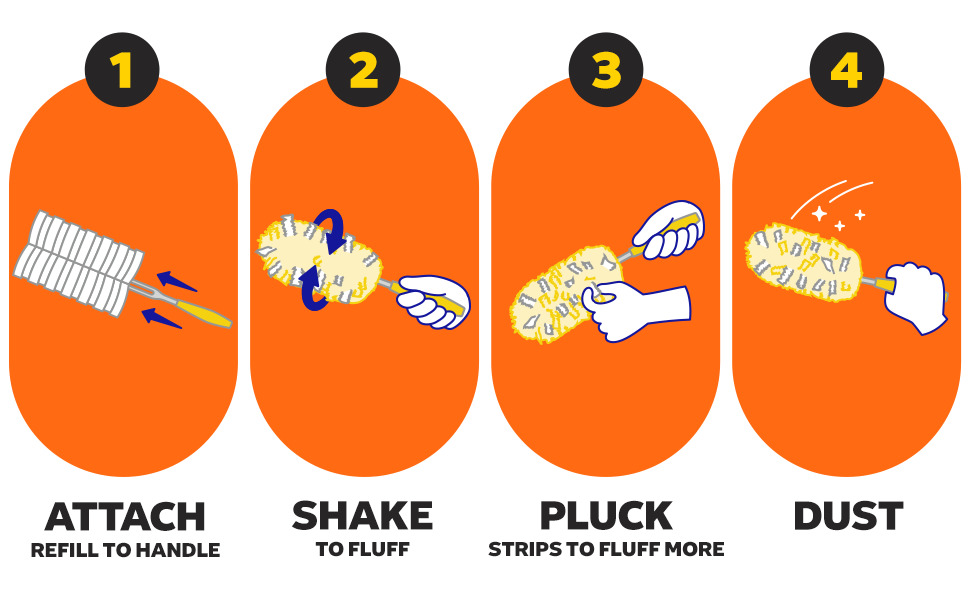 attach, shake, pluck and dust