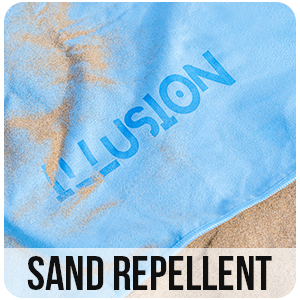 a blue beach towel with the words'illusion'on it.