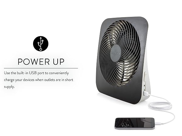 Treva 10 Inch Fin Fan Black charging phone on white background