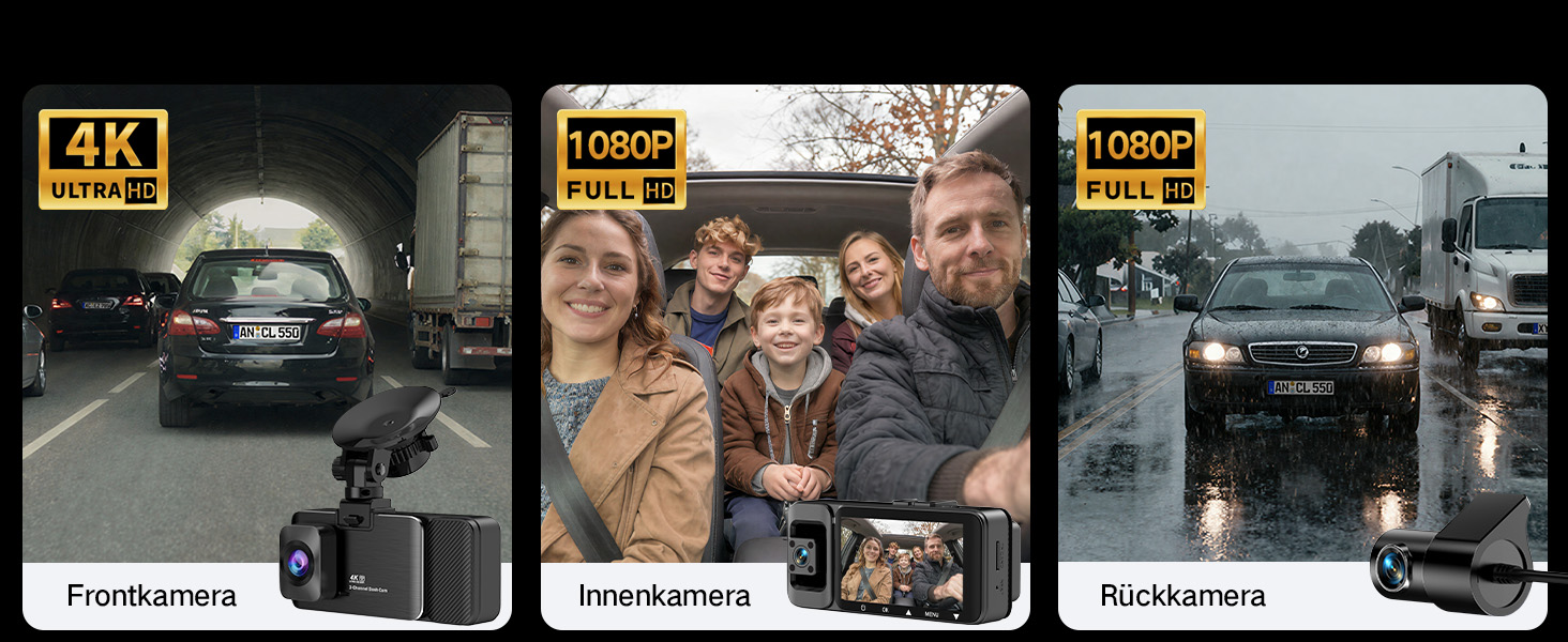 Text reads: '4K' and '1080P'. Four dashboard camera video panels showing different driving perspectives - front view, interior view, and rear views in various weather conditions.