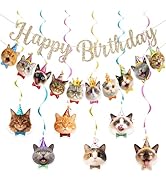 Alynta Cat Happy Birthday Banner Pre-Strung Cat Birthday Party Decorations NO DIY Gold Glitter Ha...