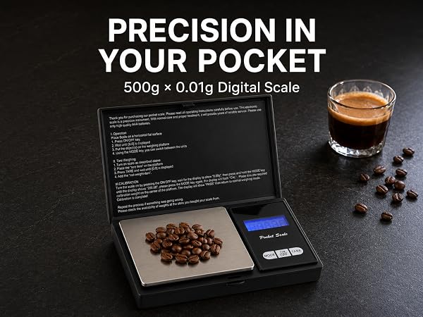 Pocket digital scale weighing coffee beans beside a cup of espresso.