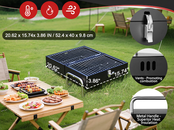 Portable charcoal grill with metal cooking grate shown in outdoor setting. Features temperature control vents, metal handles with heat insulation, and dimensions of 20.62 x 15.74 inches.
