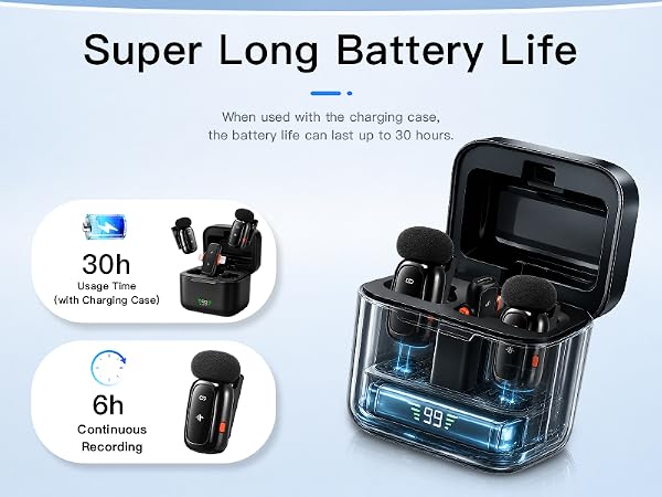 Cordless mic small microphone with smart led digital power display charging case 30h battery life
