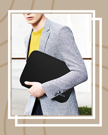 Multiple views of a gray and black laptop sleeve or case being held and demonstrated against neutral backgrounds with white frame overlays.