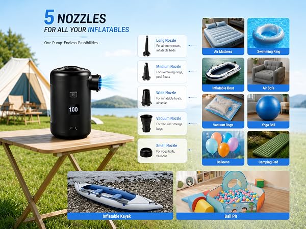Portable air pump with five nozzle adapters compatible with air mattress swimming ring vacuum
