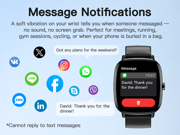 Smartwatch vibrates for texts &amp; social alerts. Great for meetings or workouts.