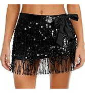 Women’s Sequin Fringe Mini Skirt, Sparkly Tassel Hip Scarf Wrap for Rave Outfits