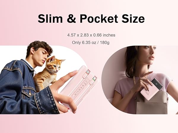 Slim Portable Charger, Pocket Size, Weighing 6.35 oz/180g, measuring 4.57 x 2.83 x 0.66 inches.
