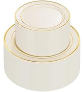 U-QE 100pcs Ivory Plastic Plates for Party - Ivory Gold Plastic Plates Disposable Heavy Duty - In...