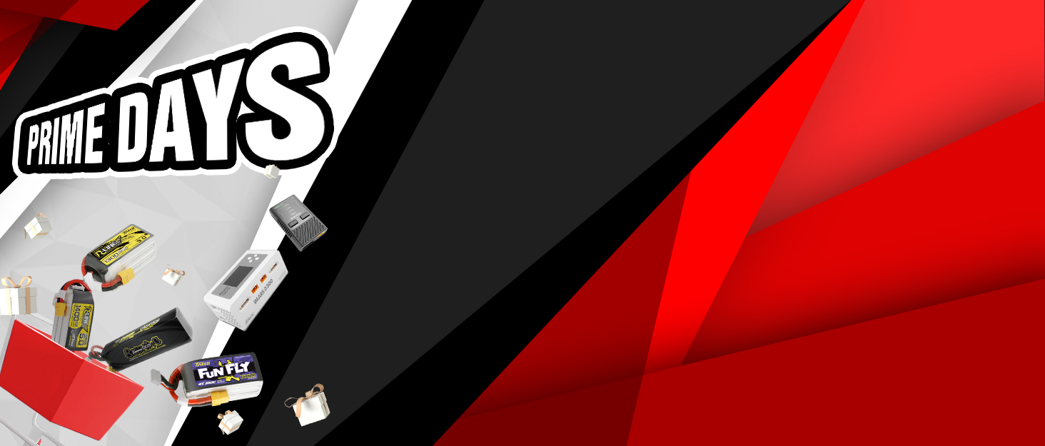 Red and black promotional banner with 'PRIME DAYS' text and scattered product cards against an angular geometric background.