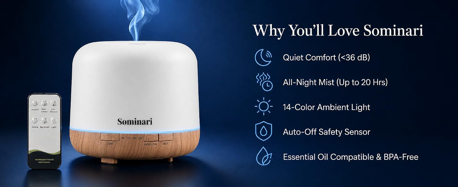 Sominari 500ml essential oil diffuser features quiet 36dB mist 14 color light and auto shut off