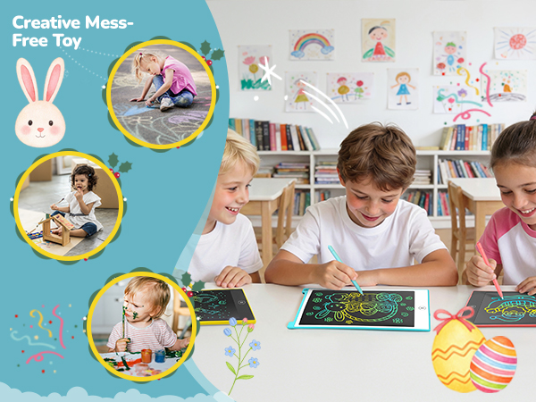 Electronic drawing tablet for children. Girl using blue stylus on white tablet. dust-free, mess-free