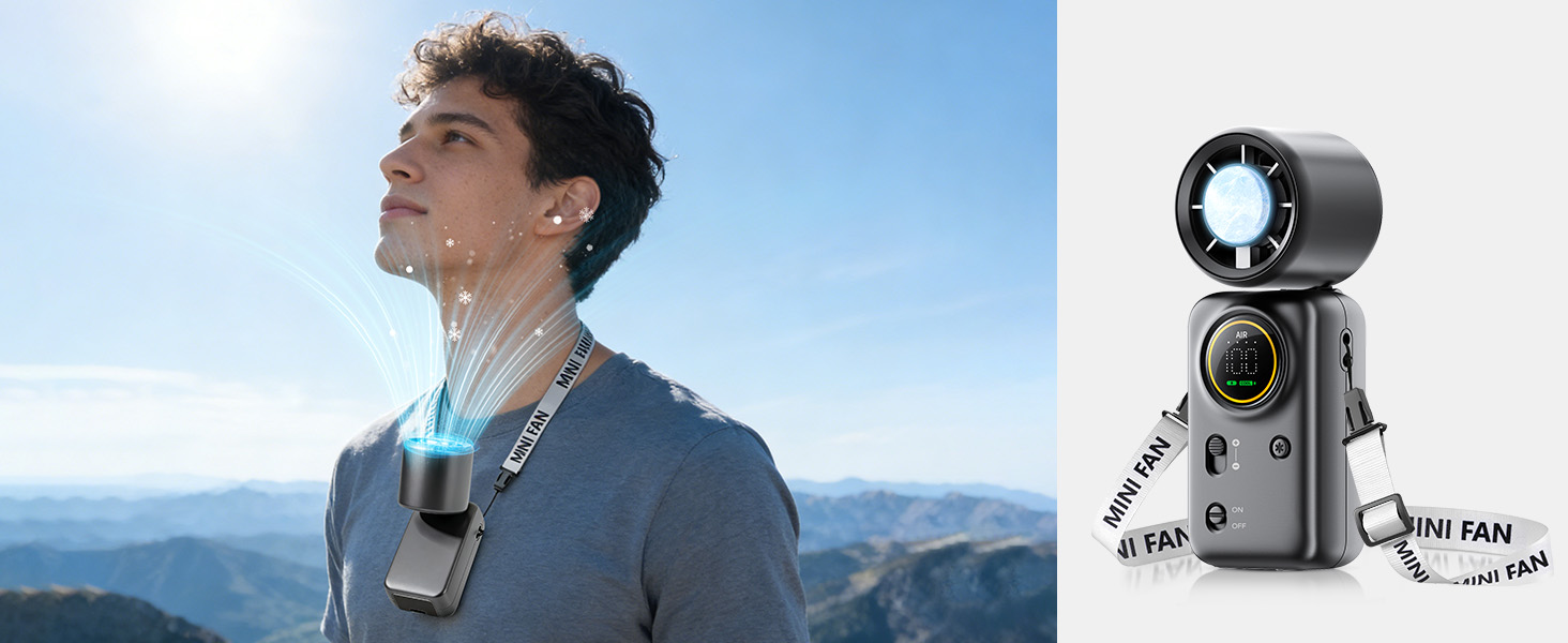 handheld for on-the-go cooling neck-hanging for hands-free use during walks or workouts, and desktop
