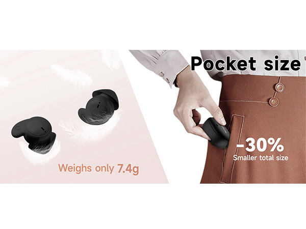 Product comparison showing 7.4g weight specification and 30% size reduction,