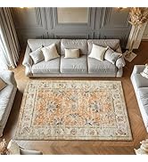 Mightree 5x7 Orange Area Rug, Machine Washable Boho Vintage Distressed Rug, Soft Faux Wool, Non-S...