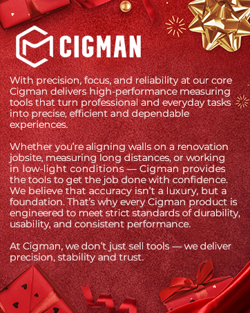 Text reads 'CIGMAN' with marketing text about high-performance measuring tools and professional standards. Red background with decorative gold star elements.