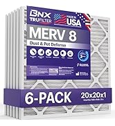 BNX TruFilter 20x20x1 Air Filter MERV 8 (6-Pack) - MADE IN USA – Dust &amp; Pet Defense Electrostatic...
