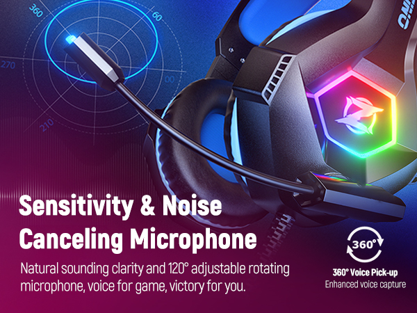 Gaming headset with RGB lighting and noise-canceling microphone. Features 360-degree voice pickup and 120° adjustable rotating microphone for clear audio during gameplay.