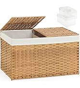 SETVSON Storage Basket with Lid Rattan Storage Basket with 2 Separate Lid, 27.8 Gallon (105 L) Wi...
