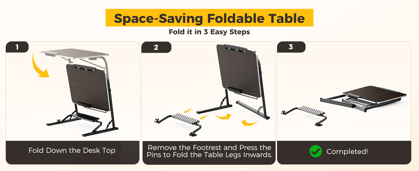 Three-step guide showing how the folding TV tray table collapses into a compact form.
