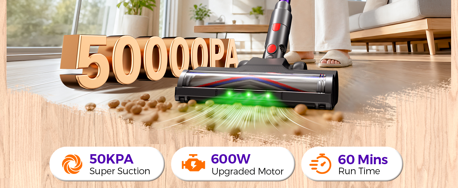 50KPa strong suction lifts pet hair and debris from carpet,glowing LED brush head for thorough clean