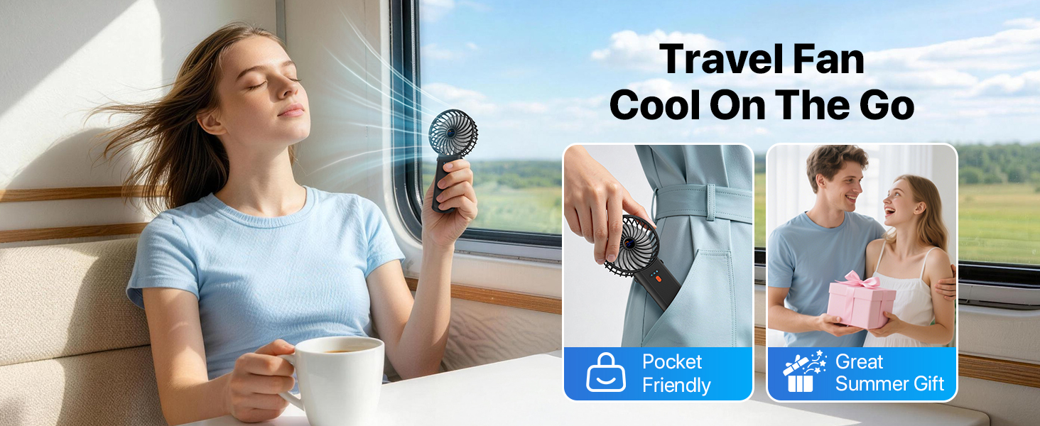Text reads 'Travel Fan Cool On The Go'. Woman holding portable fan outdoors; multiple lifestyle photos show product use in various settings including travel and outdoor activities.
