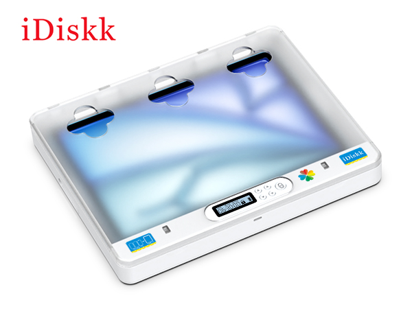 Text reads 'iDiskk'. White portable UV sterilizer device with blue LED light display and control buttons, designed for disinfecting small items with ultraviolet technology.