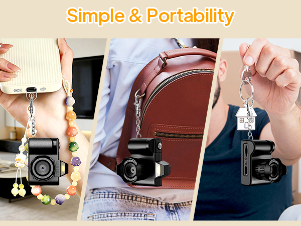 Text reads 'Simple &amp; Portability'. Three-panel image showing compact camera device being held and demonstrated in different contexts.