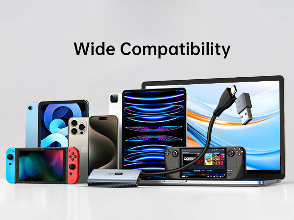 Array of electronic devices showcasing wide compatibility, including smartphones, tablets, gaming consoles, laptops, and monitors with varying screen sizes and designs.