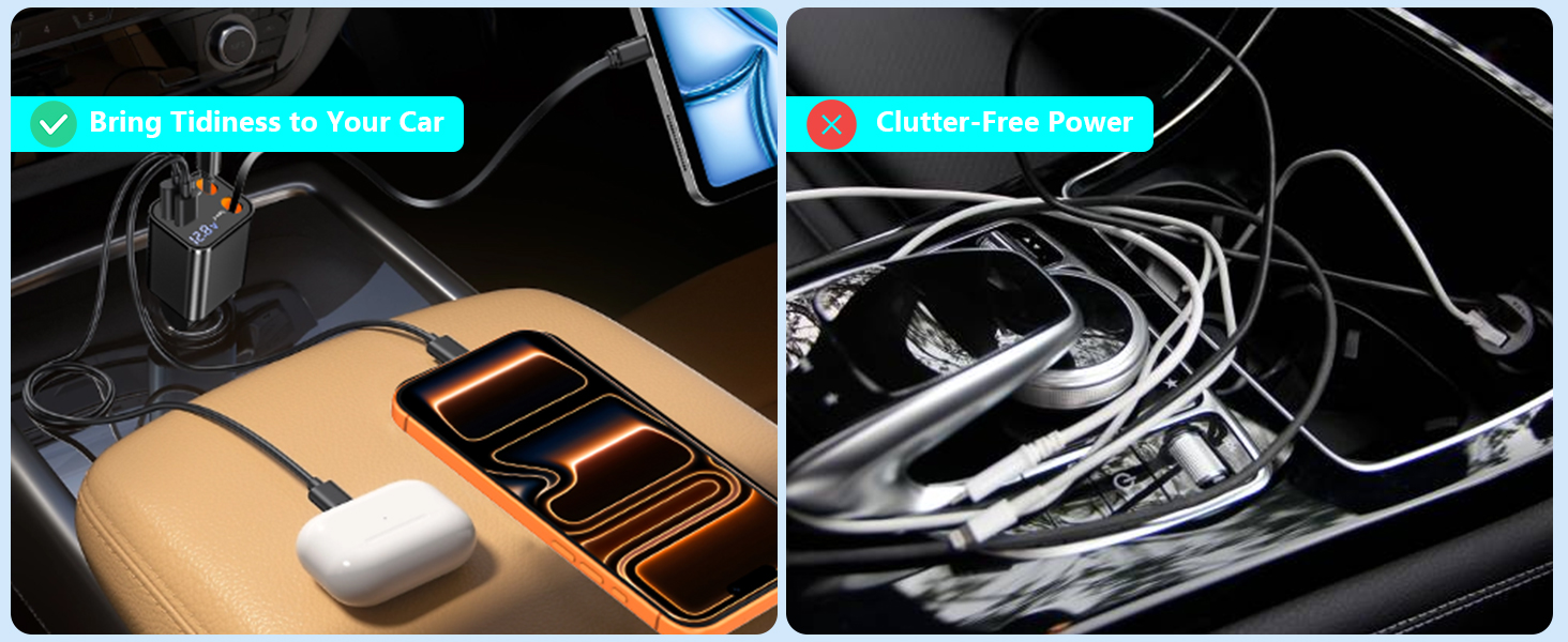 MFi Certified 120W 4-IN-1 Retractable Car Charger USB C PD/QC Type C Fast Charging Cigarette Lighter