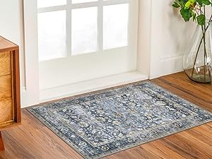 Floral Distressed Print Blue Beige Area Runner Rug