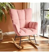 DUMOS Rocking Chair Nursery with High Backrest, Teddy Upholstered Indoor Reading Glider Chair wit...
