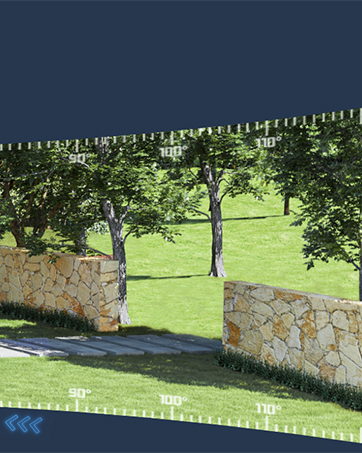 Outdoor scene with trees and a stone wall. Green grass and blue sky visible. Appears to be a landscaped area or park setting.