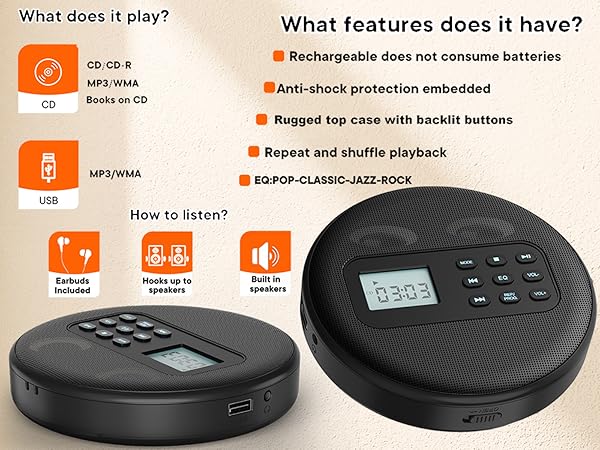Portable CD Player Walkman with Speakers