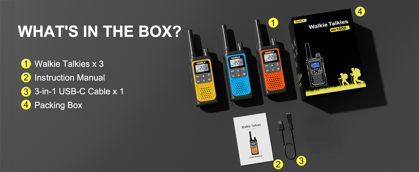 The package includes 3 rechargeable walkie talkies charging cables instructions and box