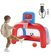 QPAU 2-in-1 Inflatable Toddler Basketball Hoop &amp; Soccer Goal Set, Indoor Outdoor Sports Center To...
