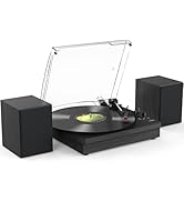 Vinyl Record Player with Two Stereo Speakers, Bluetooth Playback Turntable with 3 Speed AUX Headp...