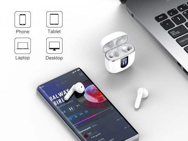 Wireless earbuds with charging case next to smartphone playing music and laptop. Icons show device compatibility: phone, tablet, laptop, desktop. Earbud case displays digital battery percentage.